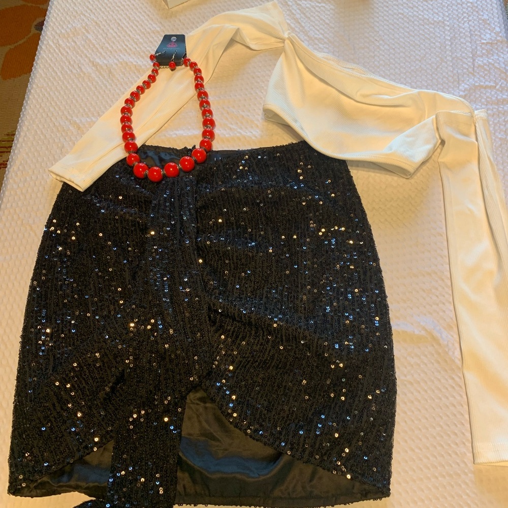 Lioness Black and White Sequin Skirt Set